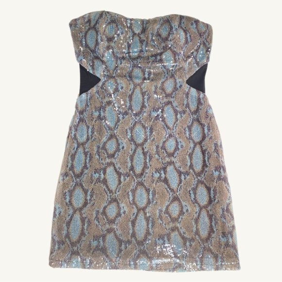 Marineblu Strapless Snake Print Blue & Brown Sequin Mini Dress with Mesh - Picture 1 of 13